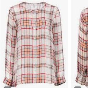 Joie - White, Red & Peach Plaid Button-Up Long Sleeve Silk Blouse Sz XS